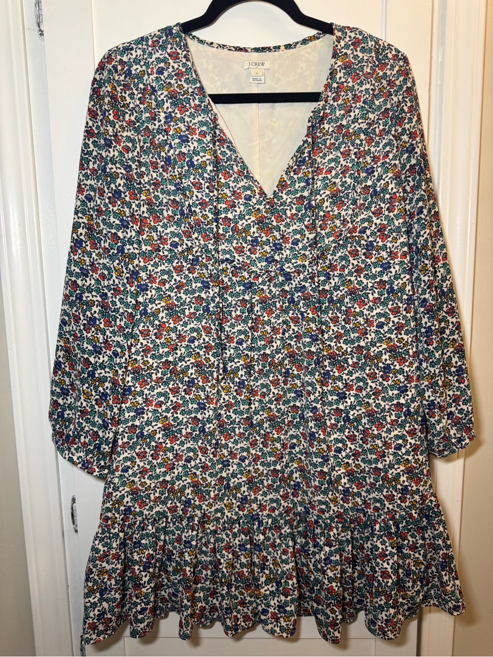 J.Crew Womens Small Floral Dress 3/4 Sleeve Ruffle Hem V Neck Multicolor
